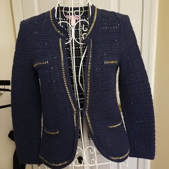 Lilly Pulitzer blue sweater accented with golden chain Details. Size Small - Picture 3 of 12